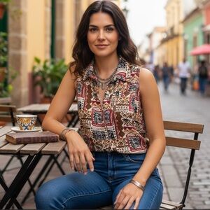 Vtg Hello Brian silk printed sleeveless top s